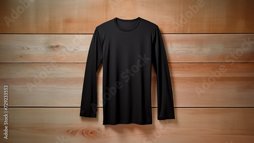 Black Long Sleeve T-Shirt on Wooden Background. Mockup. Urban Fashion, Customizable Design, Cozy Comfort, Winter Essential.