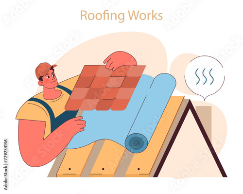 Roofing Works concept. Detailed illustration of a roofer installing tiles, providing top-notch weather protection. Flat vector illustration