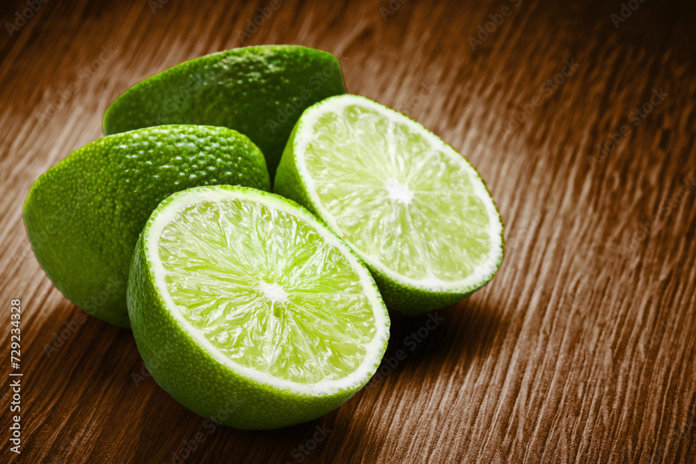 Green lime cut in half. Fruit isolated on brown wood. Sour lime cross section. Empty copy space fruit background. Cocktail additive idea. Vibrant color fruits background. Green lime cut in half. Fruit isolated on brown wood. Sour lime cross section. Empty copy space fruit background. Cocktail additive idea. Vibrant color fruits background.