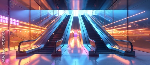 Futuristic escalator in office building with neon light. AI generated image photo