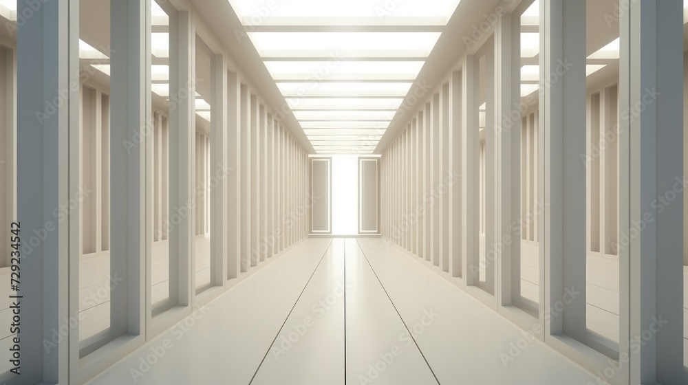 A Long Hallway With White Columns and a Light at the End