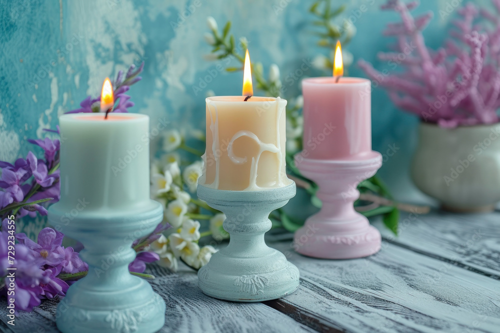 Group of Three Candles on Table Group of Three Candles on Table