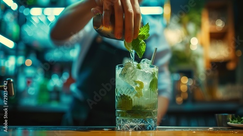 Close-up young happy barmen preparing mojito cocktail and adding mint leaf in a glass at bar counter 