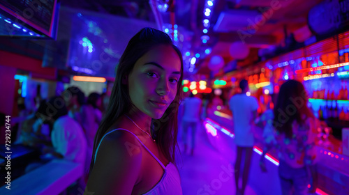 Young woman looking at the camera in the neon light of the club. Portrait of a beautiful futuristic girl. Lady in multicolor glow © ta