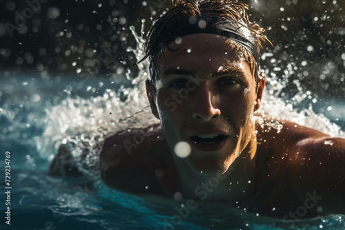 Swimmer's Gaze: Focused and Determined Athlete Cutting Through Water, Competitive Swimming and Dynamic Motion Concept © Olga