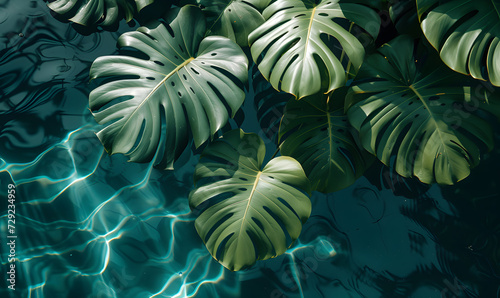 Monstera Leaves Casting Shadows on Tranquil Water Surface  Generative AI