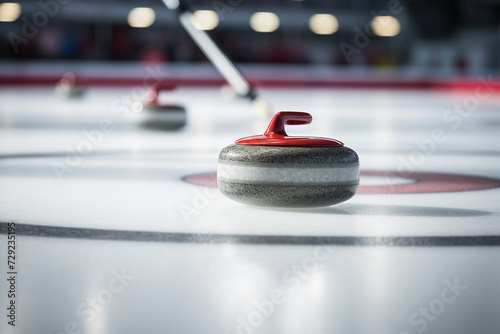 Curling Stone Centered on Ice with Player in Action in Background: Focus on Skill, Targeting Strategy, and Curling Competition Concept