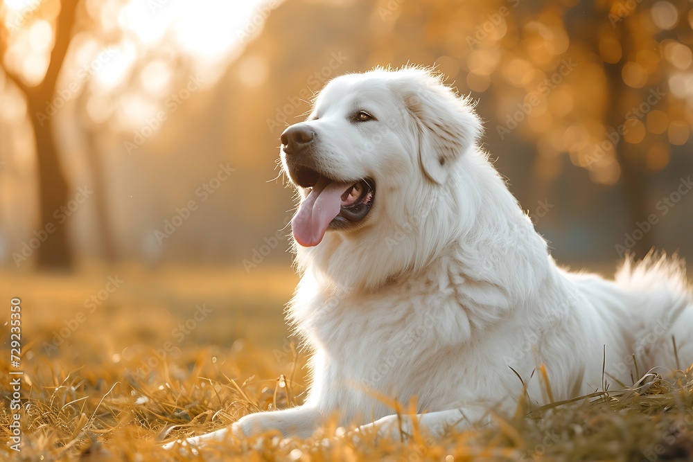 A Great Pyrenees white dog laying in the grass at the water's edge, in the style of bokeh panorama, richly colored skies