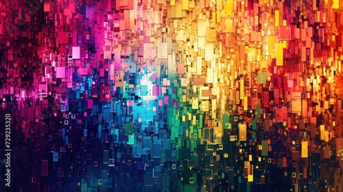 A digital pixel glitch disrupts the normalcy, creating a vibrant and colorful rainbow texture. Bright background. 