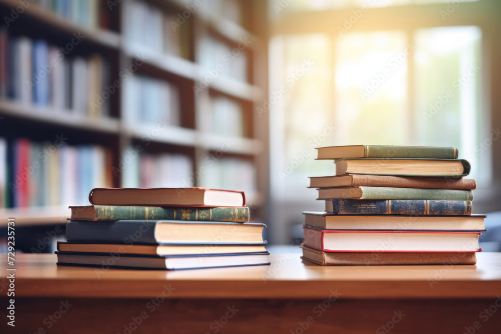 Stack of Books and cantovars on wooden table and blurred bookshelf in library room. Stack of Books and cantovars on wooden table and blurred bookshelf in library room.