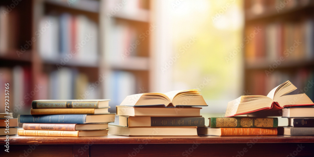 Fototapeta premium Stack of Books and cantovars on wooden table and blurred bookshelf in library room.