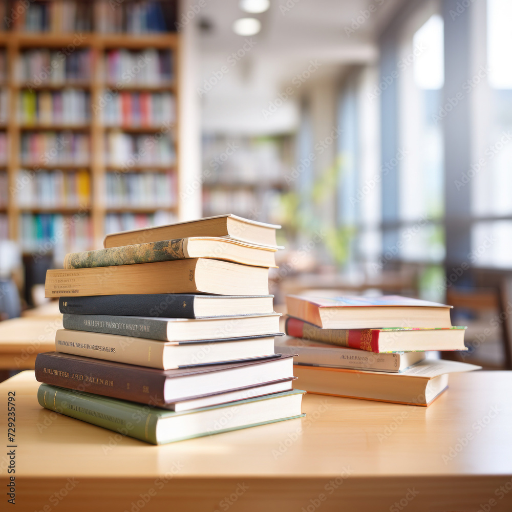 Stack of Books and cantovars on wooden table and blurred bookshelf in library room. Stack of Books and cantovars on wooden table and blurred bookshelf in library room.