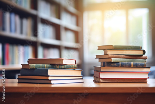 Stack of Books and cantovars on wooden table and blurred bookshelf in library room.