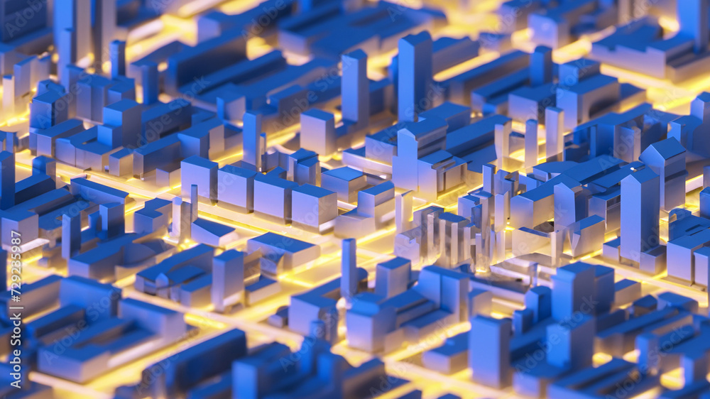 City background with moving glowing lines. Big data visualization futuristic concept.