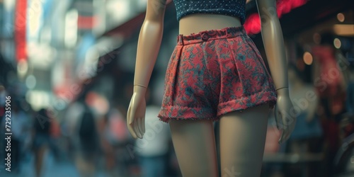 A mannequin dressed in red shorts and a blue top. Perfect for showcasing summer fashion trends