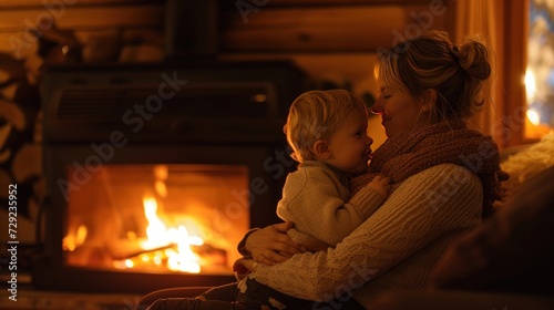 Woman and her toddler son sit in front of a fireplace. The warm glow of the fire illuminates their faces. The mother, tenderly embracing her child, enjoys a moment of comfort and connection.