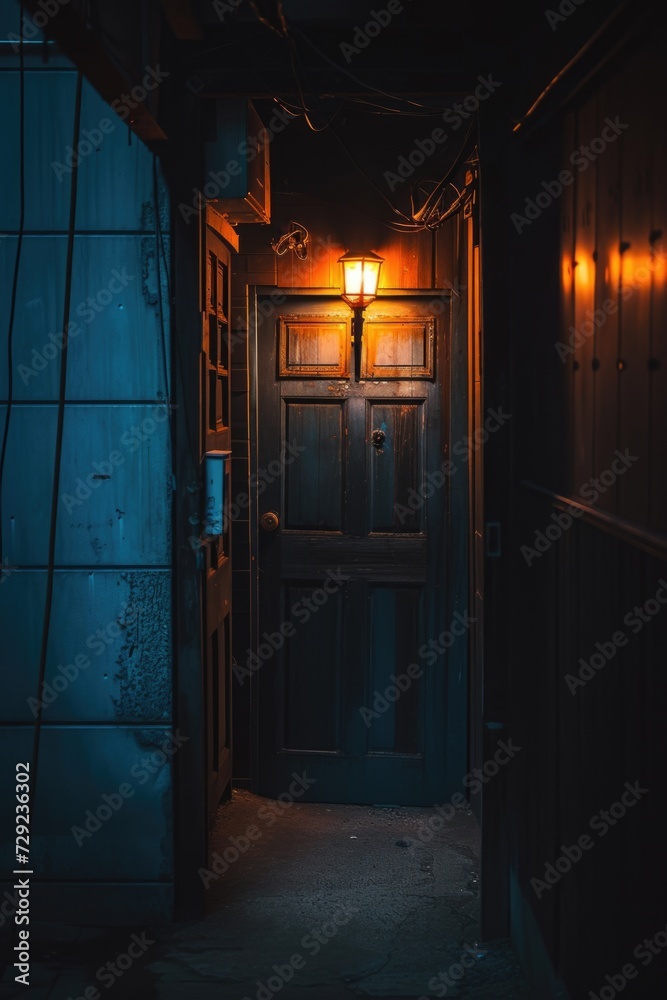 A dark room with a door and a single light source. Versatile image suitable for various concepts and themes A dark room with a door and a single light source. Versatile image suitable for various concepts and themes