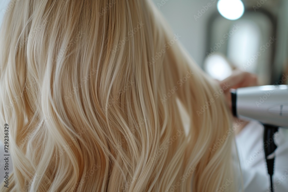 Fototapeta premium A woman blow drying her long blonde hair. This picture can be used for haircare advertisements or beauty blog posts