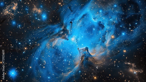 The cosmos, a mesmerizing blue galaxy unfolds. Swirling clouds of gas and dust create a celestial masterpiece, while stars shimmer against the cosmic canvas. 