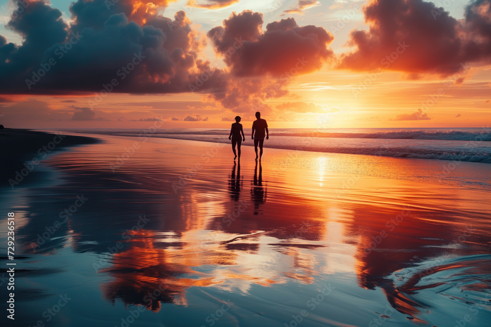 Couple walking on beach at sunset