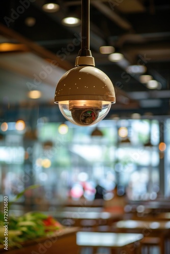A camera mounted to the ceiling of a restaurant, providing surveillance and security. © Fotograf
