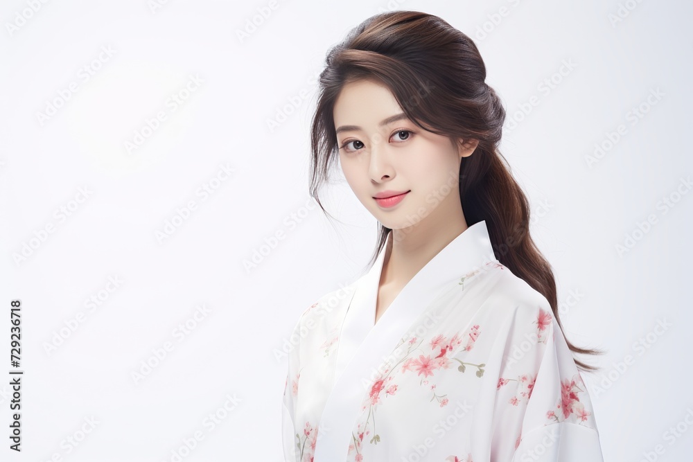 Asian woman exudes relaxation in traditional pajamas, standing gracefully in a serene mood. Generative AI. Asian woman exudes relaxation in traditional pajamas, standing gracefully in a serene mood. Generative AI.