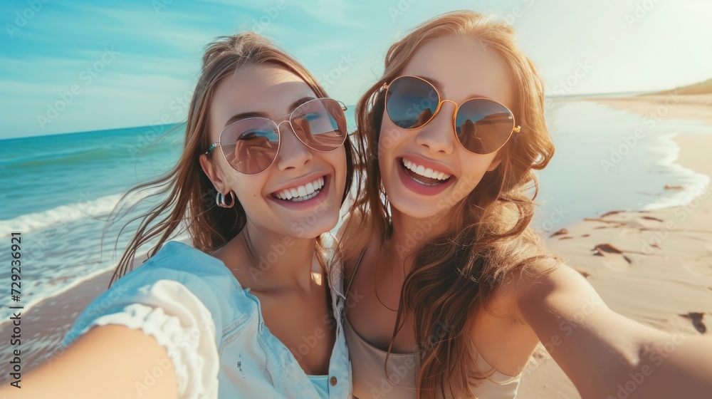 Young women on the beach taking selfie. Young women on the beach taking selfie.