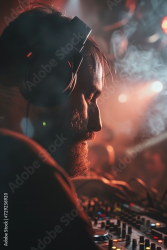 A man using headphones plays music on a mixer. Suitable for music production and DJing