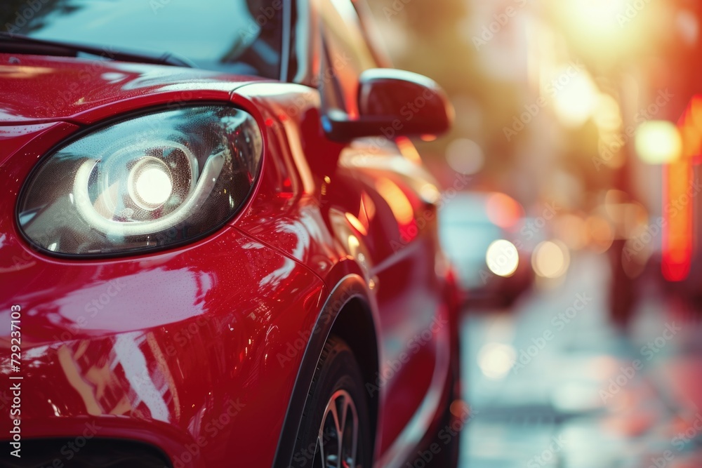 A close-up view of a red car parked on a bustling city street. This image can be used to depict urban transportation, city life, or car-related topics