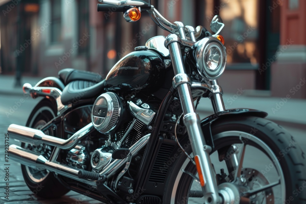 A black motorcycle parked on the side of a street. Suitable for various uses A black motorcycle parked on the side of a street. Suitable for various uses