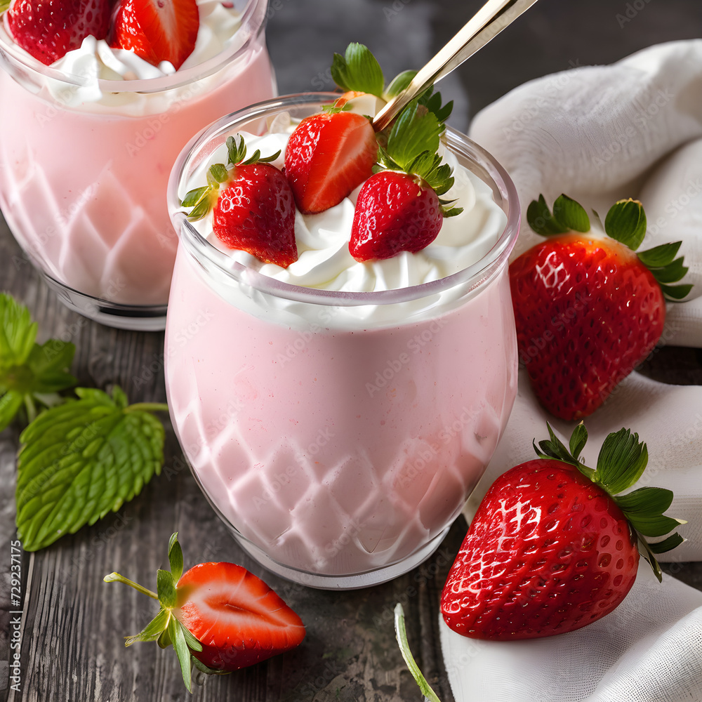 Glasses of fresh strawberry smoothie on a grey background. Summer drink shake, milkshake and refreshment organic concept.