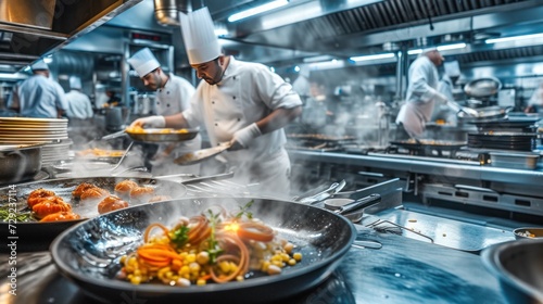 Culinary craftsmanship,  a bustling restaurant kitchen as a skilled chef artfully prepares a delectable dish. 