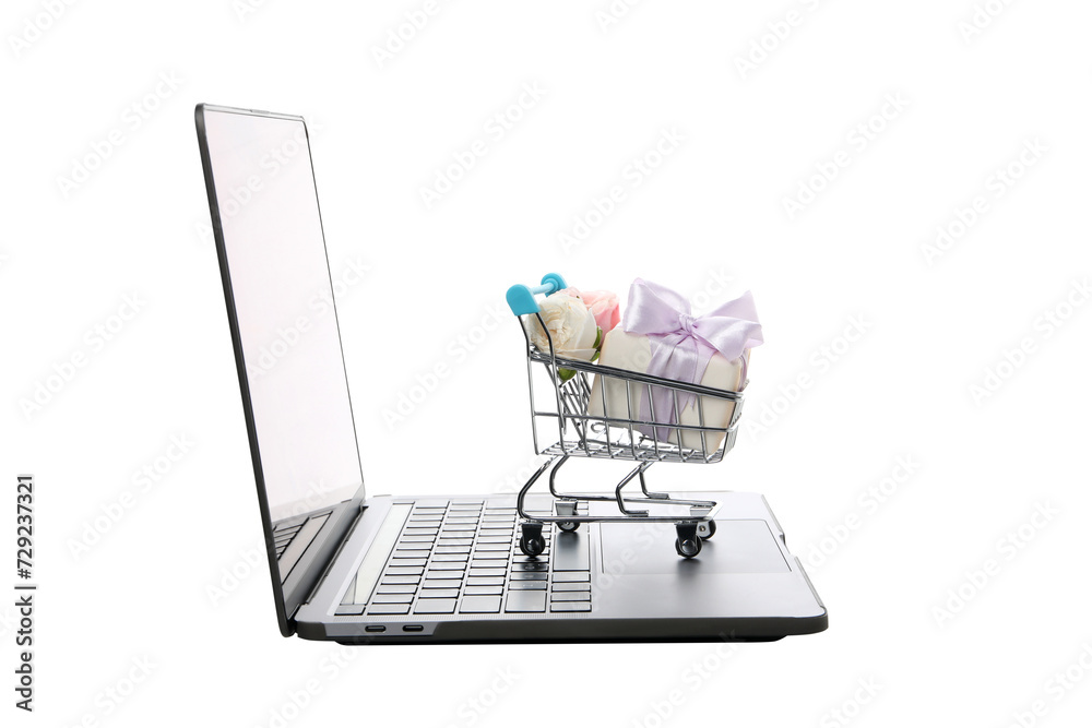 PNG, shopping cart with laptop and flowers, isolated on white background.