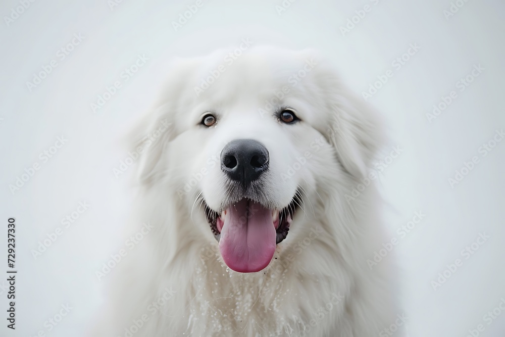 A Great Pyrenees white dog with pink tongue sitting in, in the style of white background, northern and southern dynasties A Great Pyrenees white dog with pink tongue sitting in, in the style of white background, northern and southern dynasties