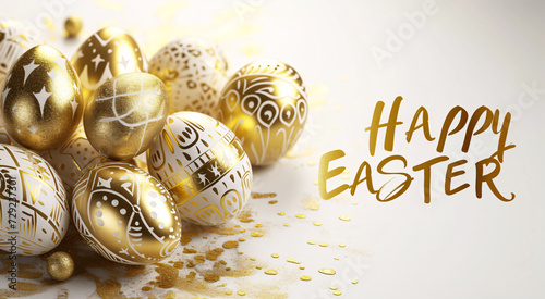 Happy Easter greeting card with golden easter eggs background, Pascha or Resurrection Sunday