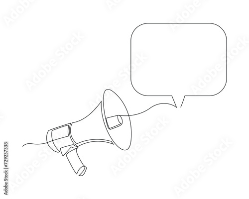 Continuous single line sketch drawing of megaphone speaker with bubble chat. One line art of sound tool equipment vector illustration