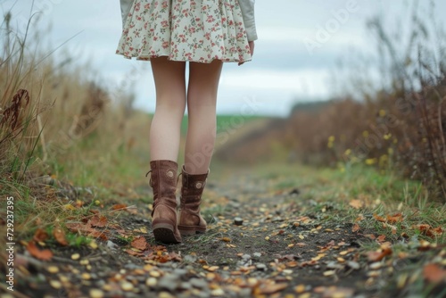 A woman in a floral dress and boots walking down a path. Perfect for nature, fashion, and outdoor lifestyle themes