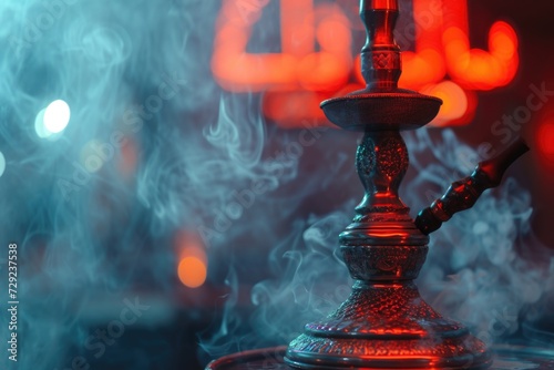 A captivating image of a hookah with smoke gracefully swirling out of it. Perfect for illustrating the art of hookah smoking or creating an atmosphere of relaxation and enjoyment.