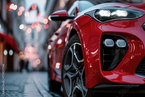 A close up view of a red car on a bustling city street. Perfect for automotive or urban lifestyle themes © Fotograf