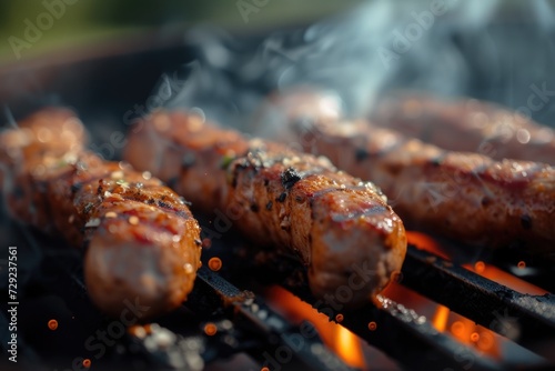 A close-up view of meat cooking on a grill. Perfect for food and cooking-related projects