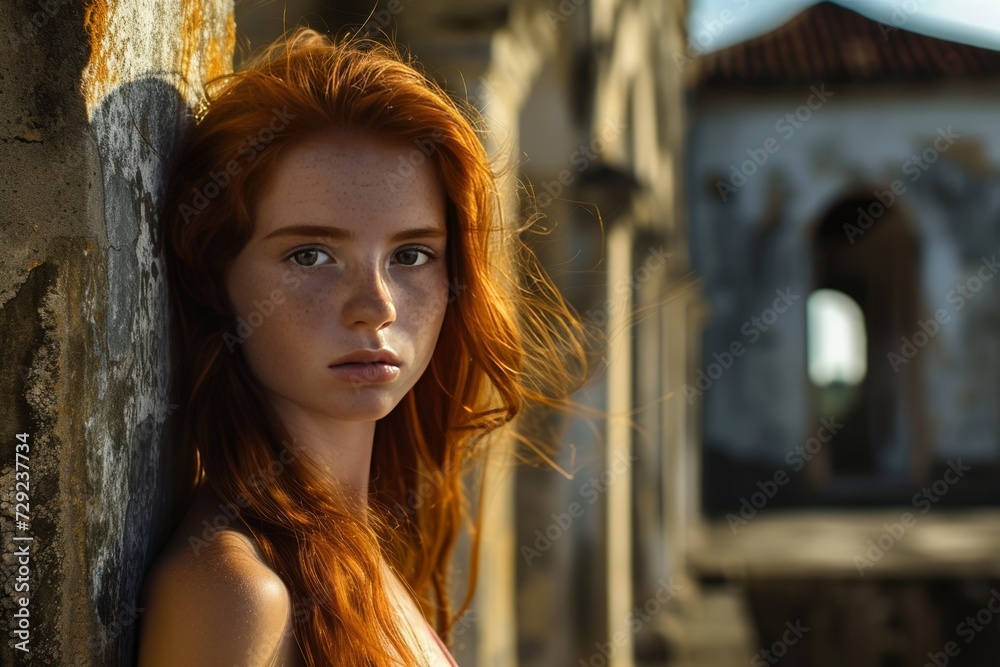 Portrait of a red-haired girl with freckles on her face. Red-haired teenage girl with freckles, set against the historic ruins of sao salvador da bahia.