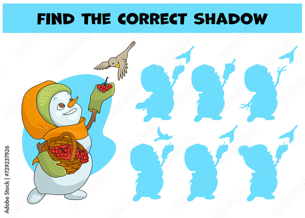 Fototapeta premium Find the correct shadow. Snowman feeds birds.