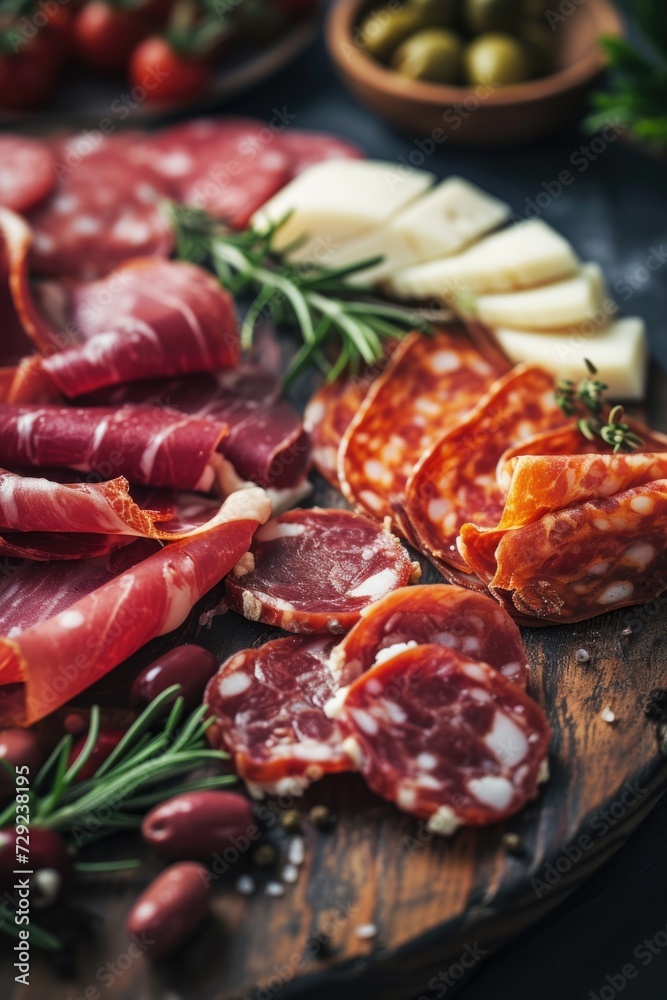 A platter of various meats and cheeses, perfect for entertaining or a delicious snack