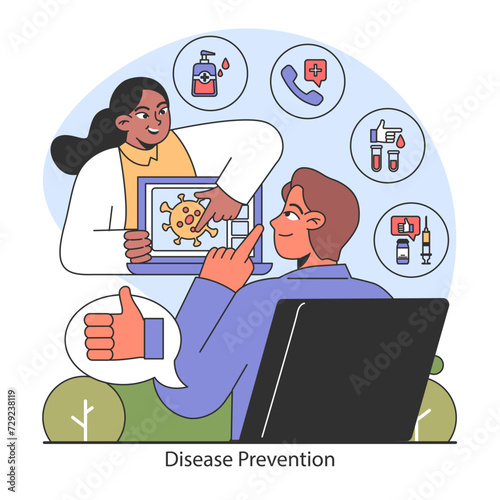 Disease Prevention concept. Engaging in proactive health strategies and digital diagnostics. Positive reinforcement in medical consultation and disease awareness. Flat vector illustration.