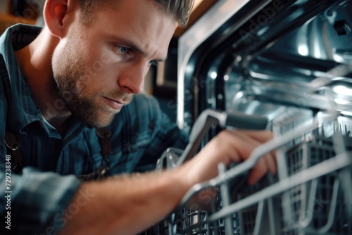 A man is seen fixing a dishwasher in a kitchen. This image can be used to illustrate home repairs or appliance maintenance