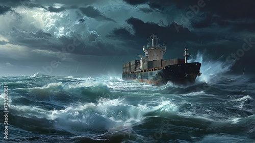 Container ship navigating stormy waters, waves crashing, dark atmospheric tones, detailed linework, dramatic depiction --ar 16:9 --v 6 Job ID: ed6b55b3-b884-4d12-bdfe-27ec569172db Generative AI © vadosloginov