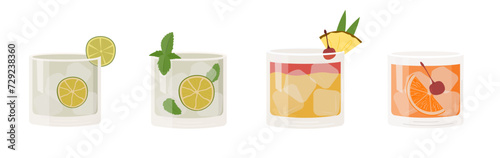 Set of popular classic cocktails. Different alcoholic drinks in various glasses. Summer aperitif garnished with lime twist, orange slice and cherry. Vector illustration of soft and alcohol beverages.