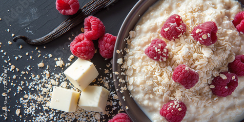 Gourmet rashberry vanilla whhite chocolate oatmeal oat porridge with real vanilla pod as a healthy breakfast or brunch in a luxory rrestaurant photo