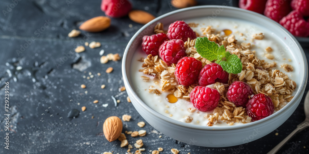 A litle bowl of yoghurt with granola honey and raspberries on the top as a part of healthy breakfast and brunch
