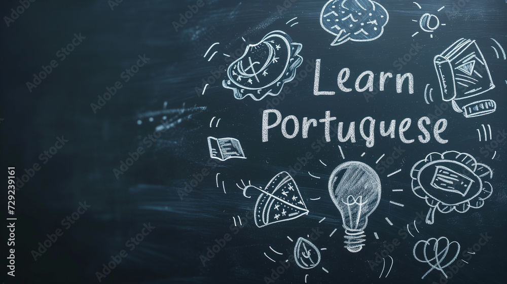 Chalkboard Illustration Highlighting the Theme Learn Portuguese With Educational Doodles. Copy space. The concept of learning foreign languages, supporting bilingual children.